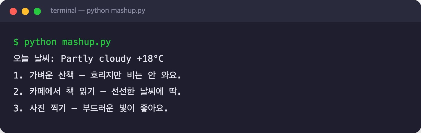 2개 API를 합친 매시업 앱의 실행 결과 화면
